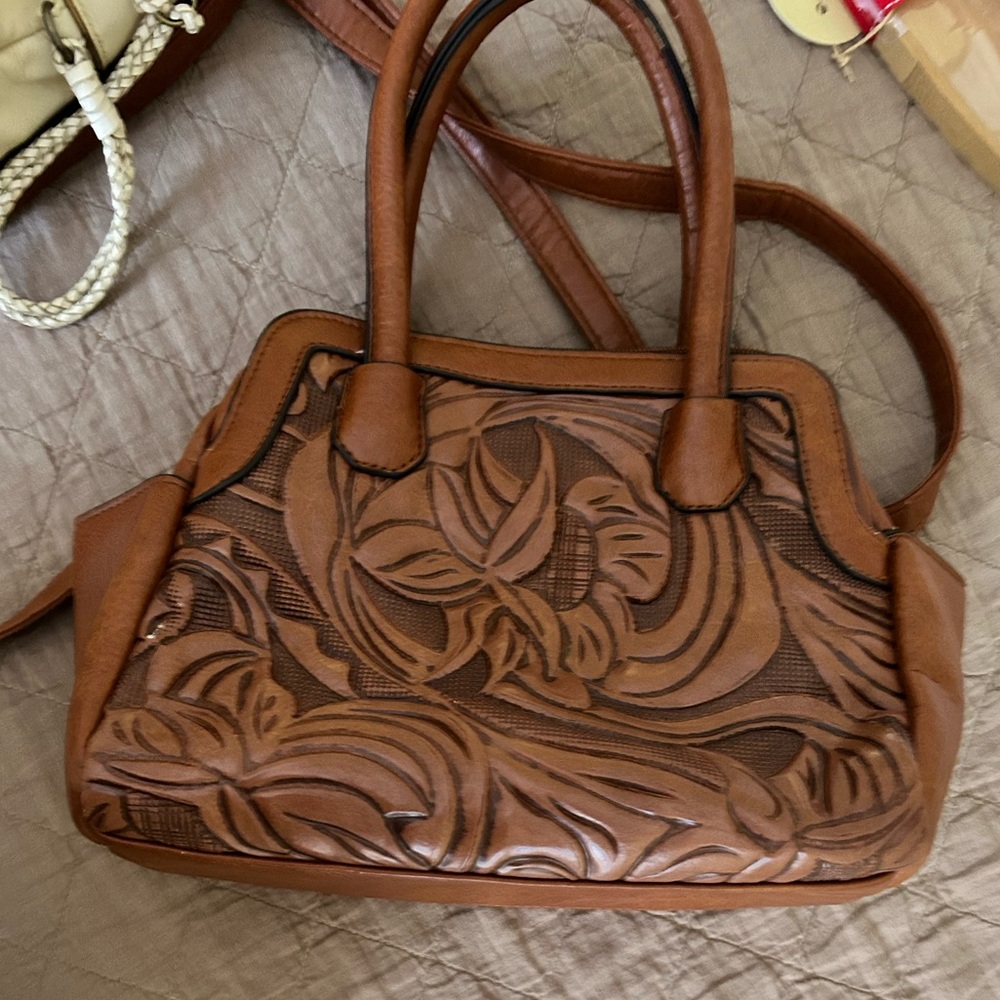Western Floral Embossed Satchel~Brown Tooled